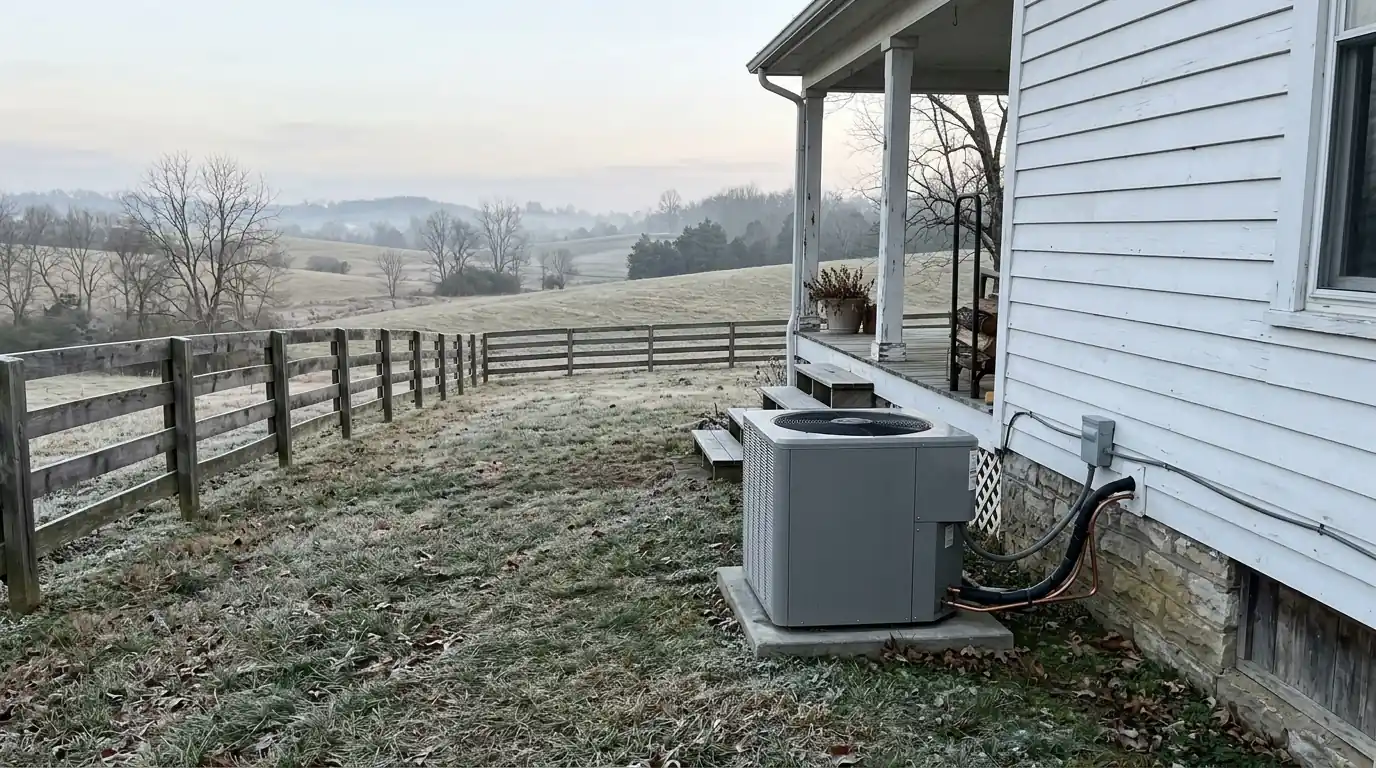 Heat pump outdoor unit beside a white farmhouse on frosty pasture