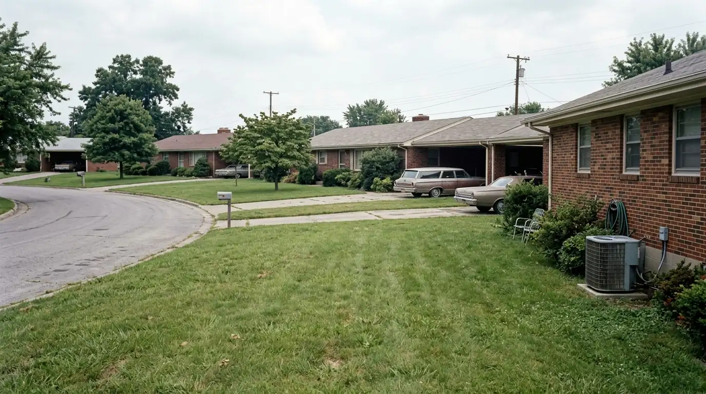 Street of mid-century brick ranch houses