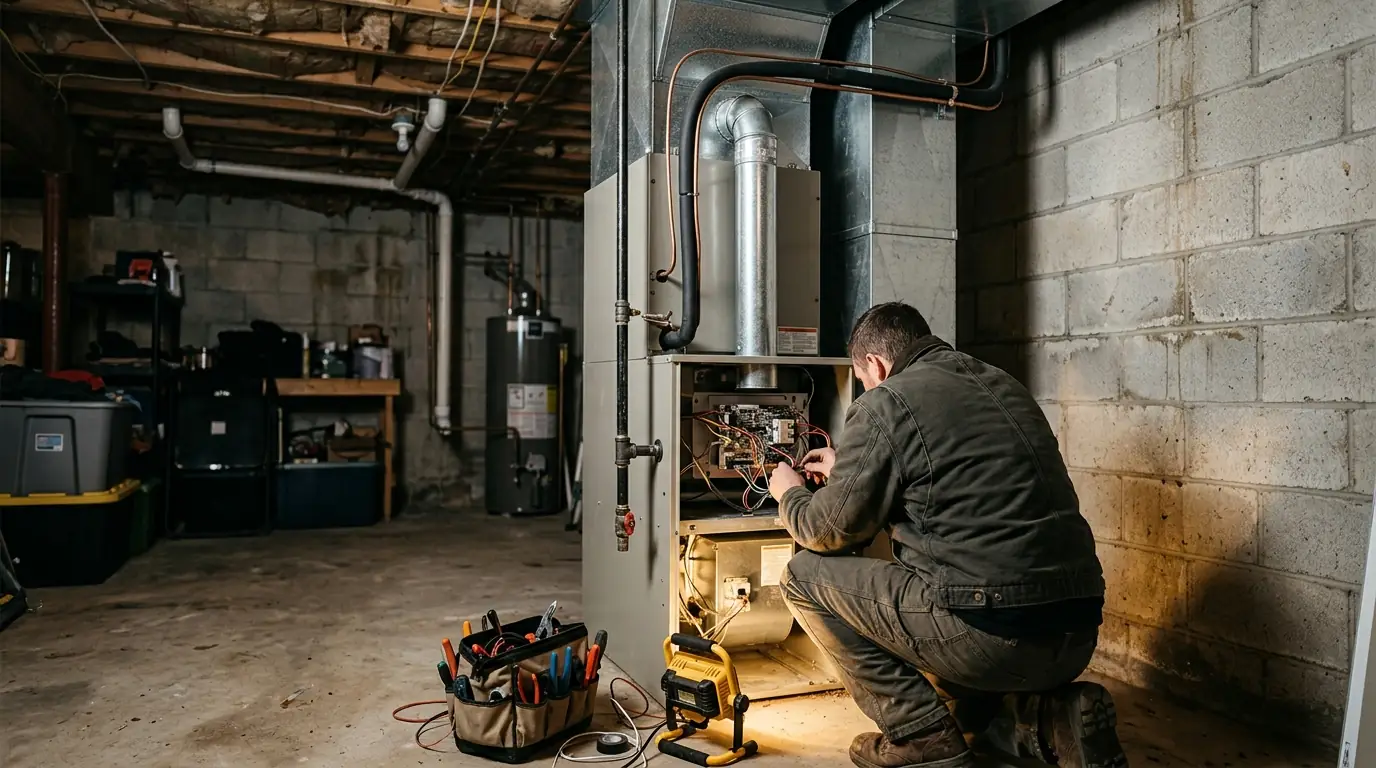 Gas furnace with matched heat pump coil in a basement