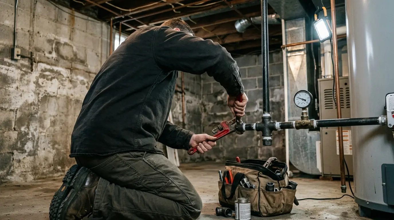 Technician fitting new black iron gas piping beside a water heater