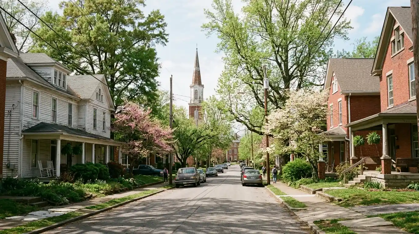 Shaded street of older homes in a small college town