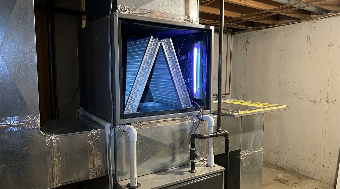 UV lamp glowing beside a clean indoor air conditioning coil