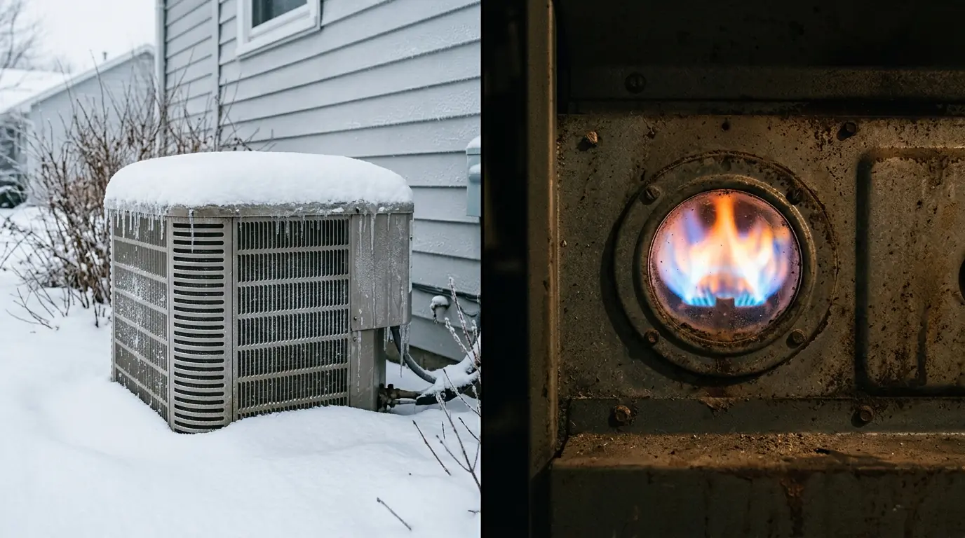 Heat pump in snow beside a furnace flame