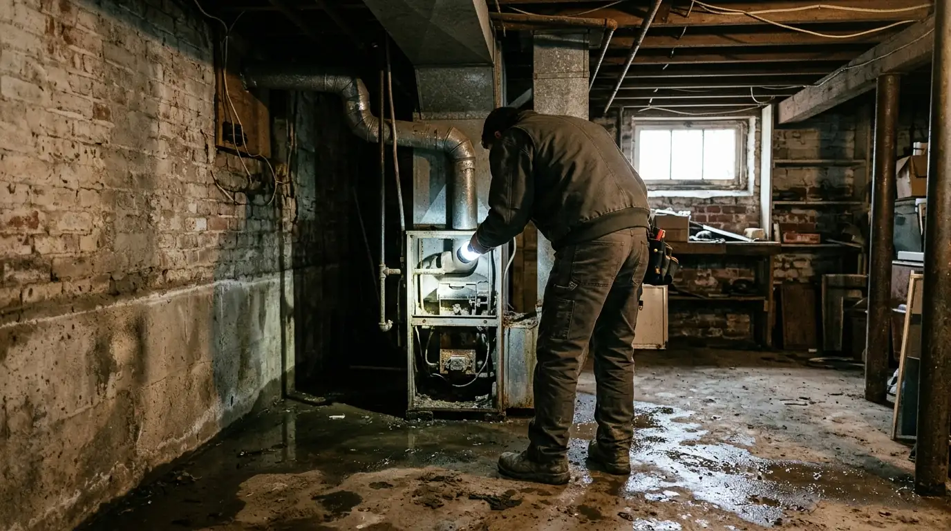 Technician inspecting a basement furnace after flooding in an older brick house