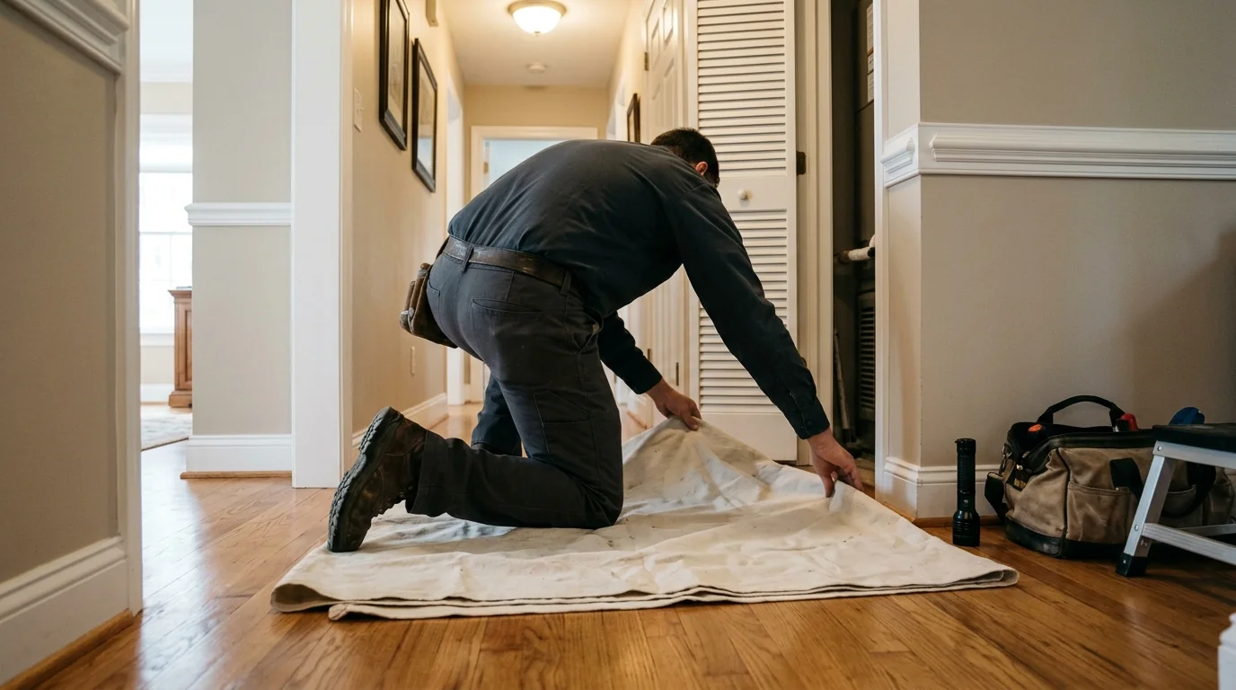 Technician laying a drop cloth before working on an air handler