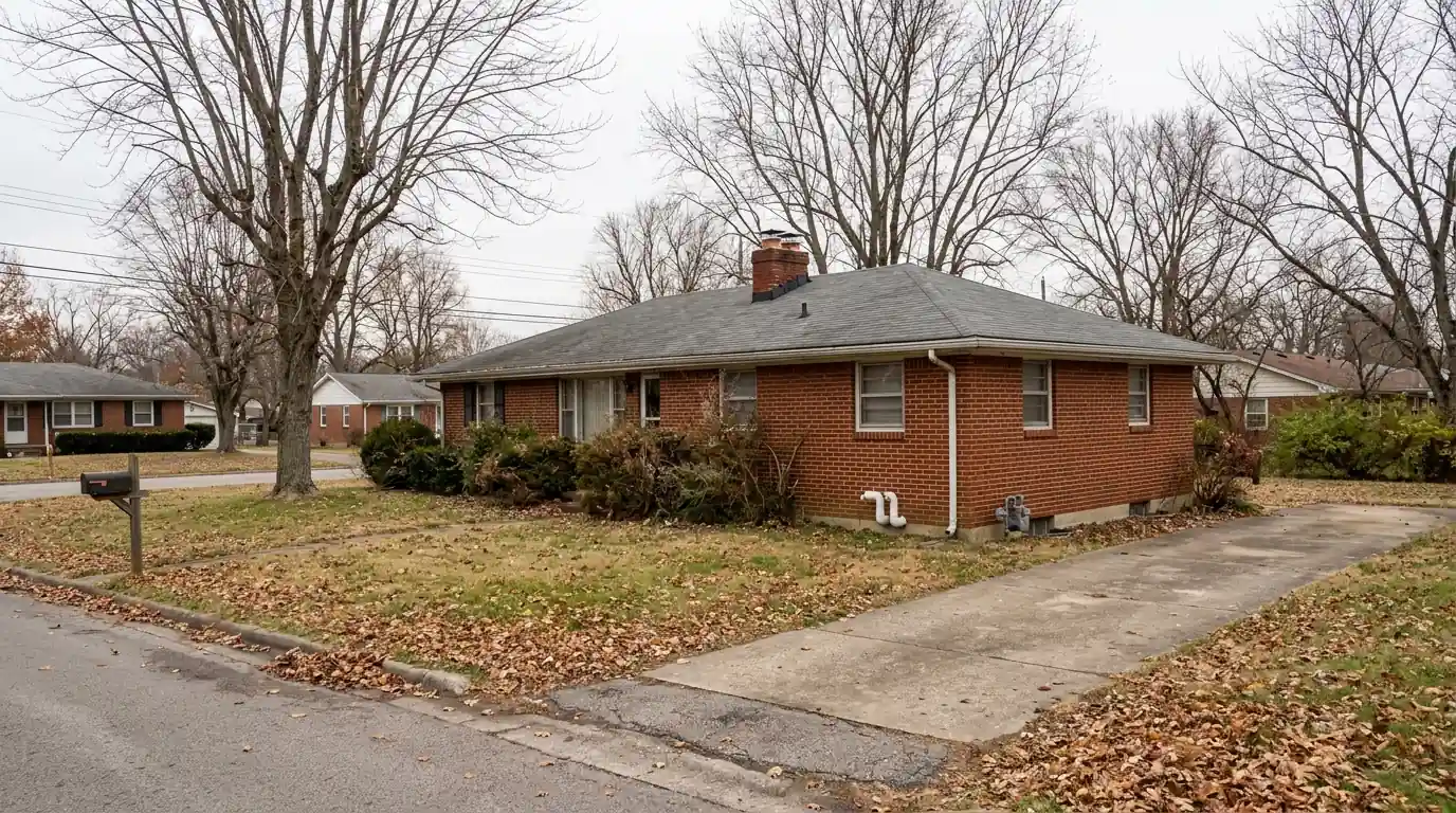 1960s brick ranch with a side-wall furnace vent in late autumn