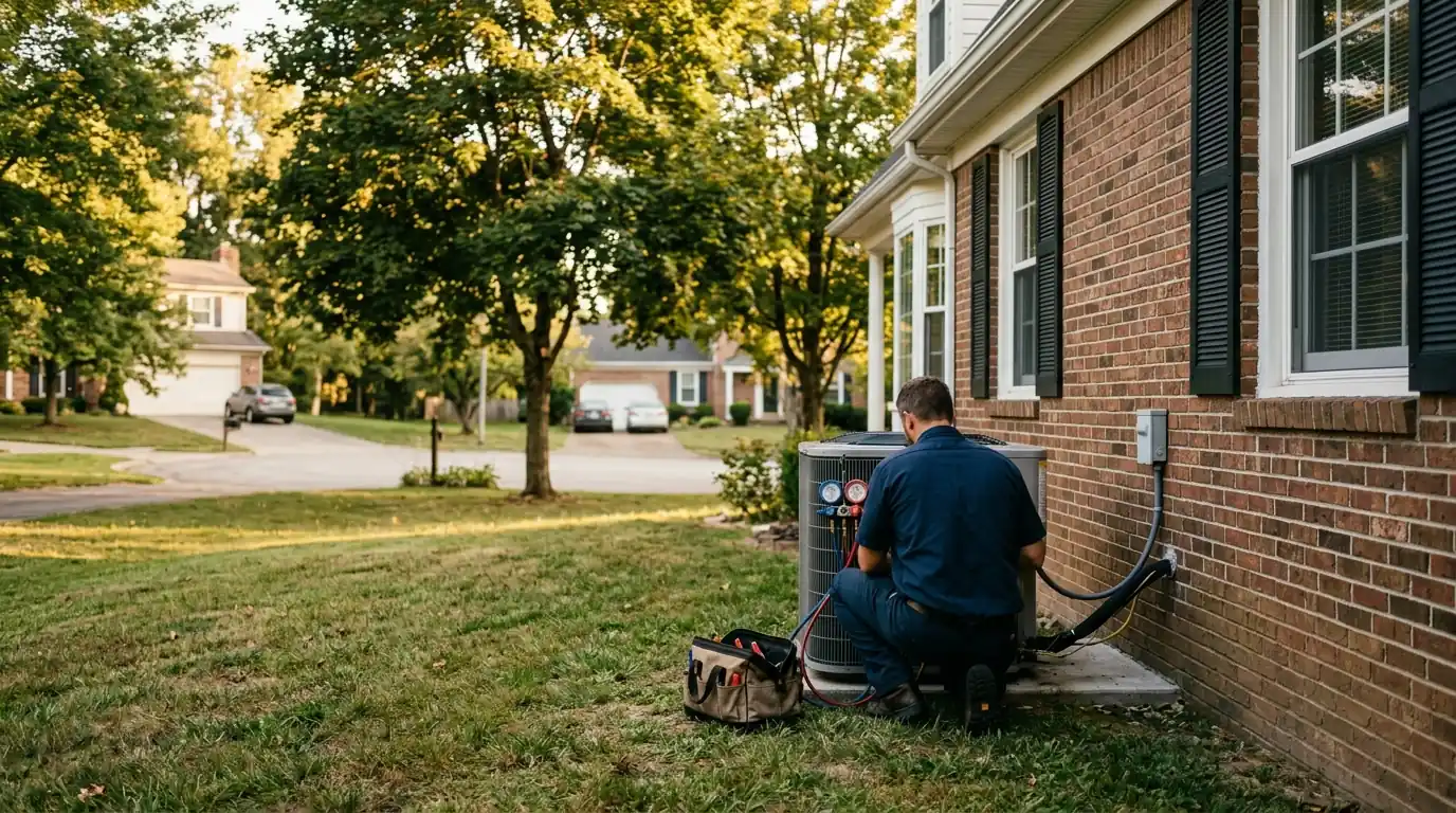 Two-story brick home in Hartland with a heat pump beside it