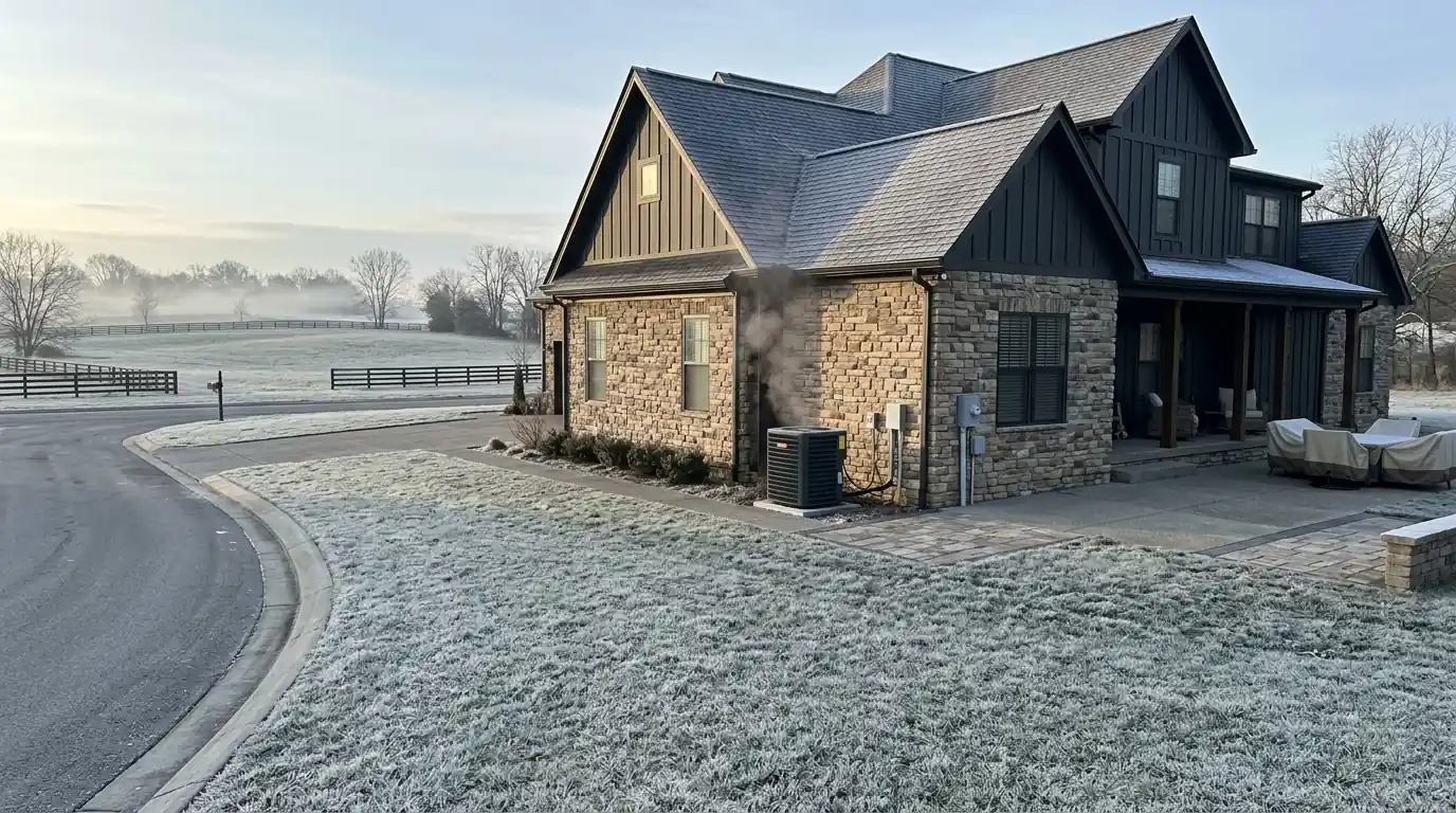 Newer two-story home with a heat pump steaming during a winter defrost