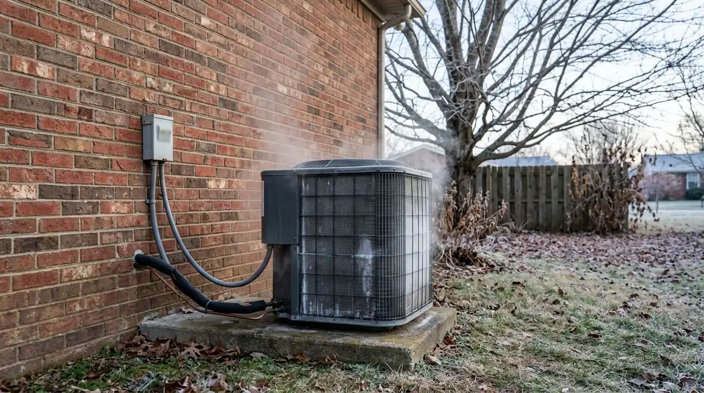 Outdoor heat pump steaming during defrost on a frosty morning