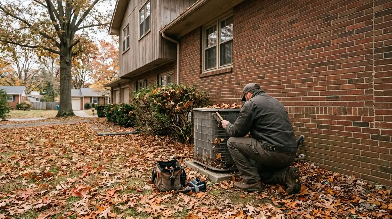 Technician clearing autumn leaves from a heat pump at a split-level home