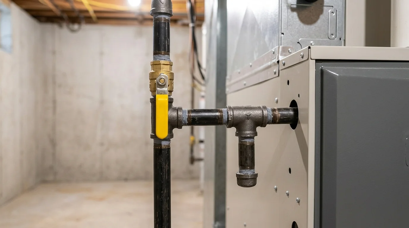 Gas pipe with shutoff valve feeding a basement furnace