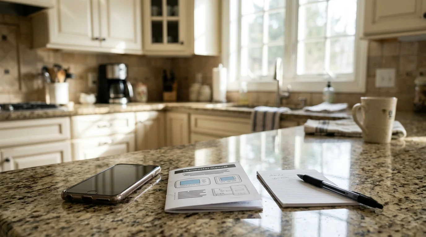 Phone and notepad on a kitchen counter