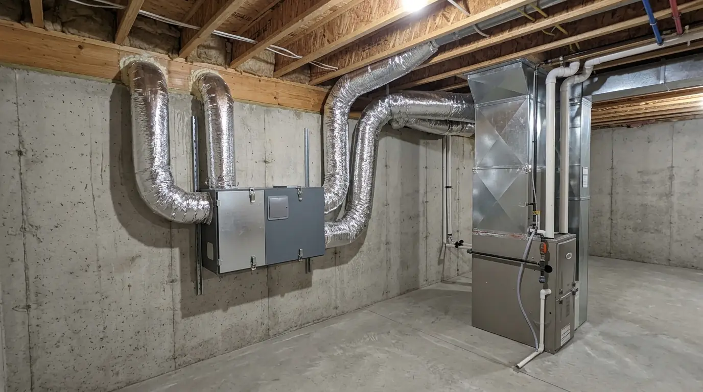 Energy recovery ventilator installed beside a furnace in a basement
