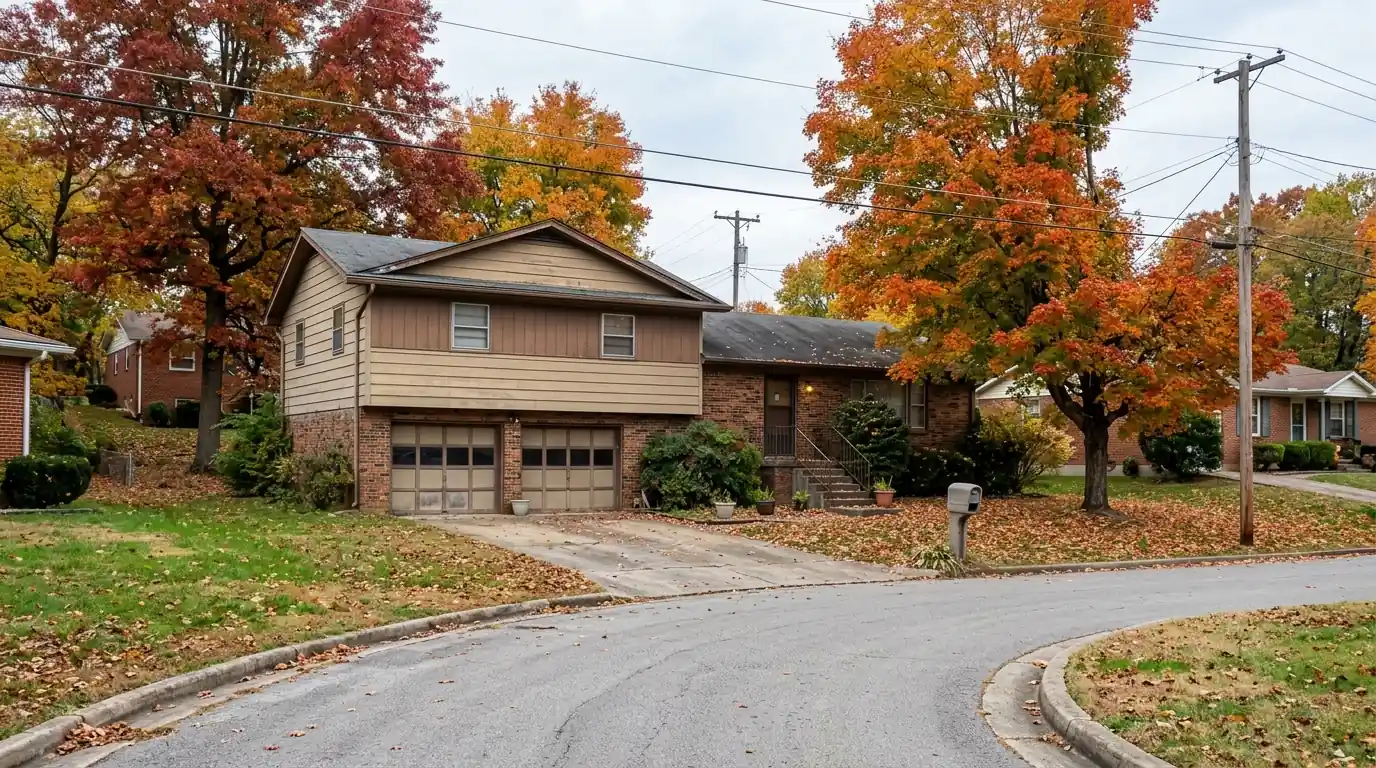 A 1970s split-level home on a curving street