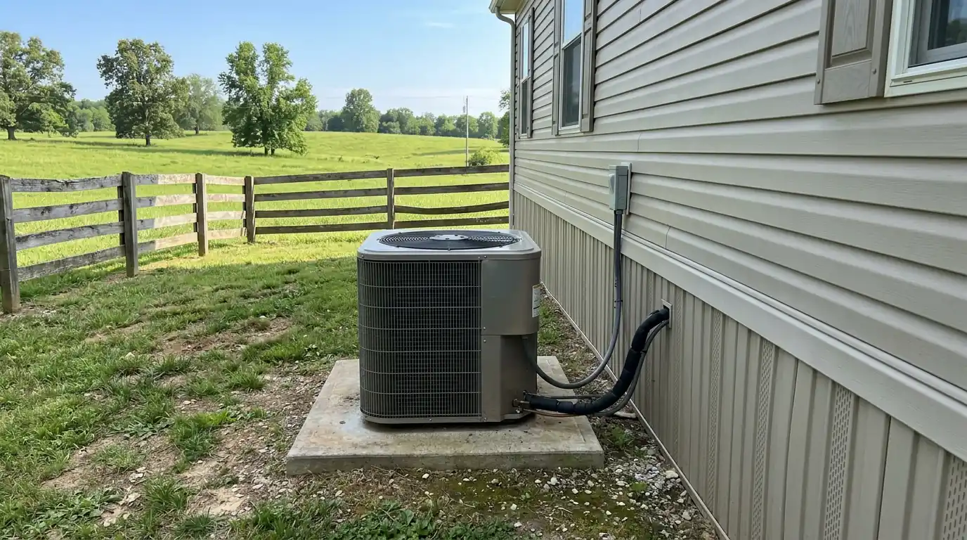Heat pump outdoor unit beside a manufactured home on a rural lot