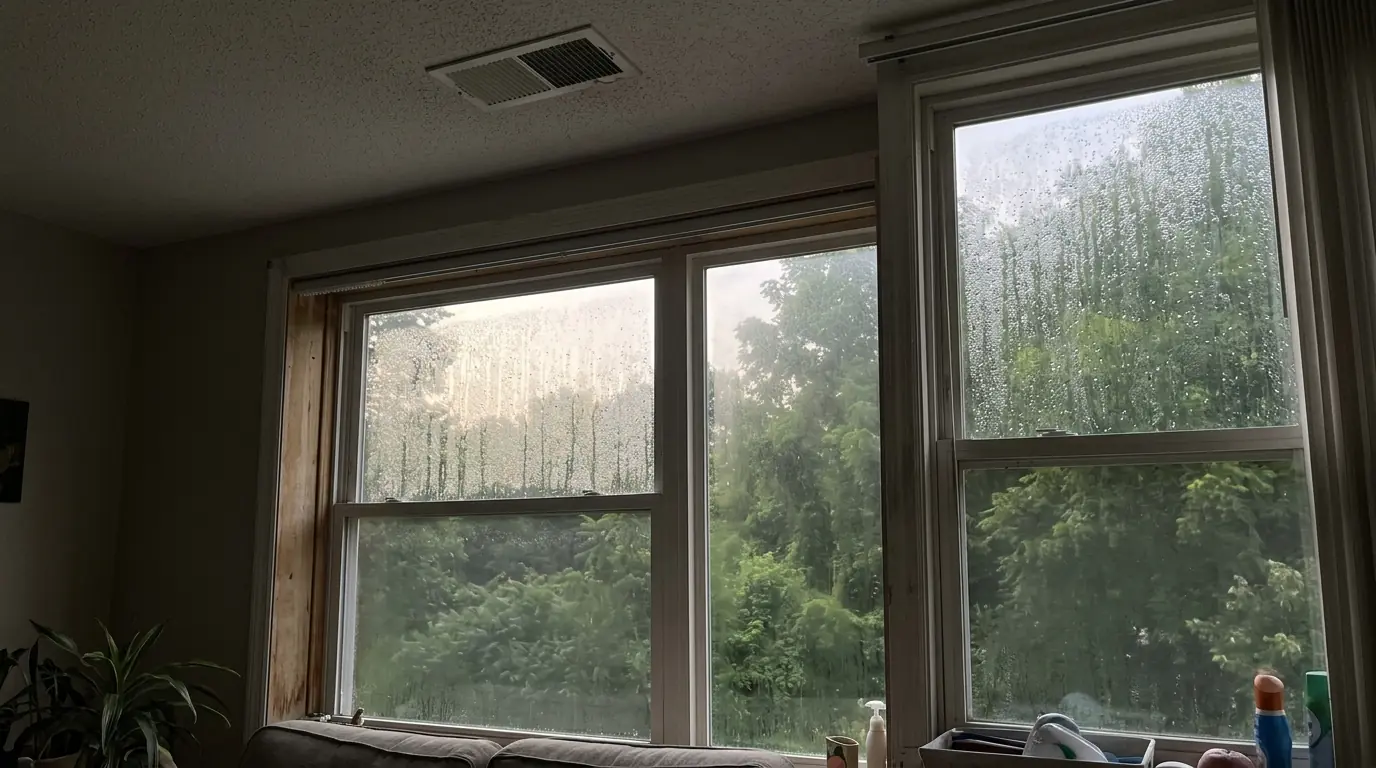 Condensation beading on a living room window during a humid Kentucky summer