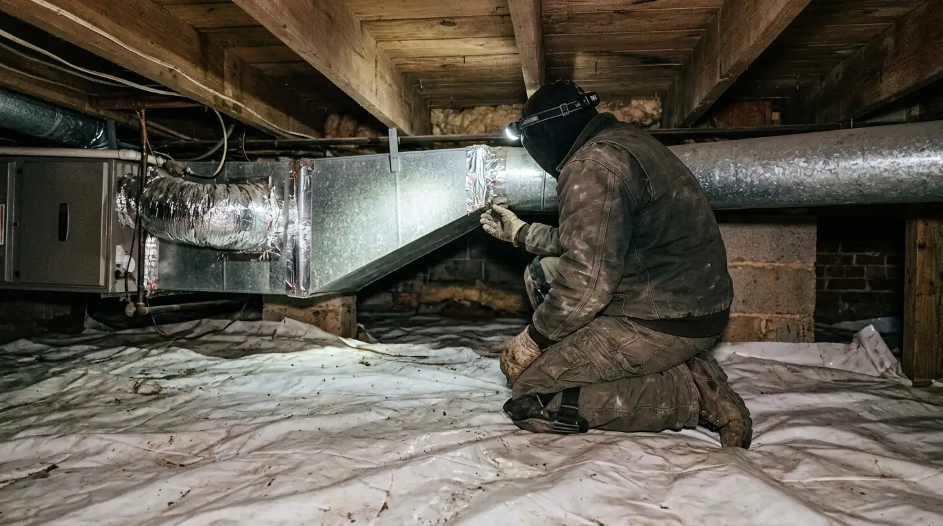 Technician inspecting ductwork in a crawlspace