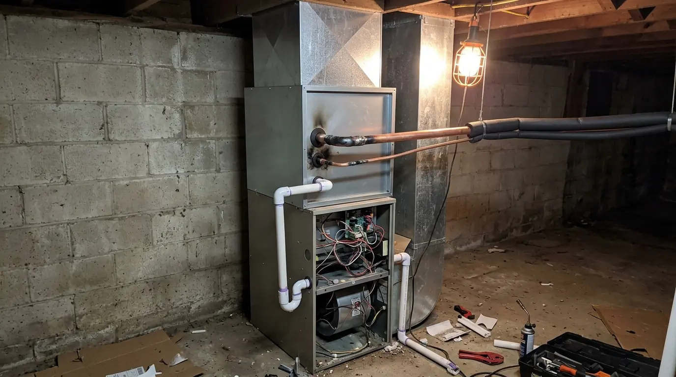 New indoor evaporator coil installed on a basement furnace