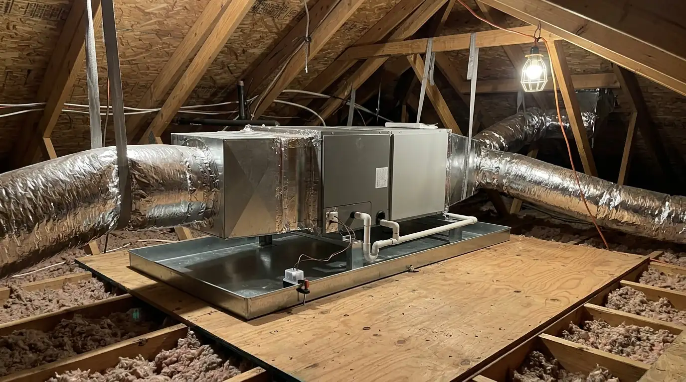 Attic air handler on a deck with a drain pan