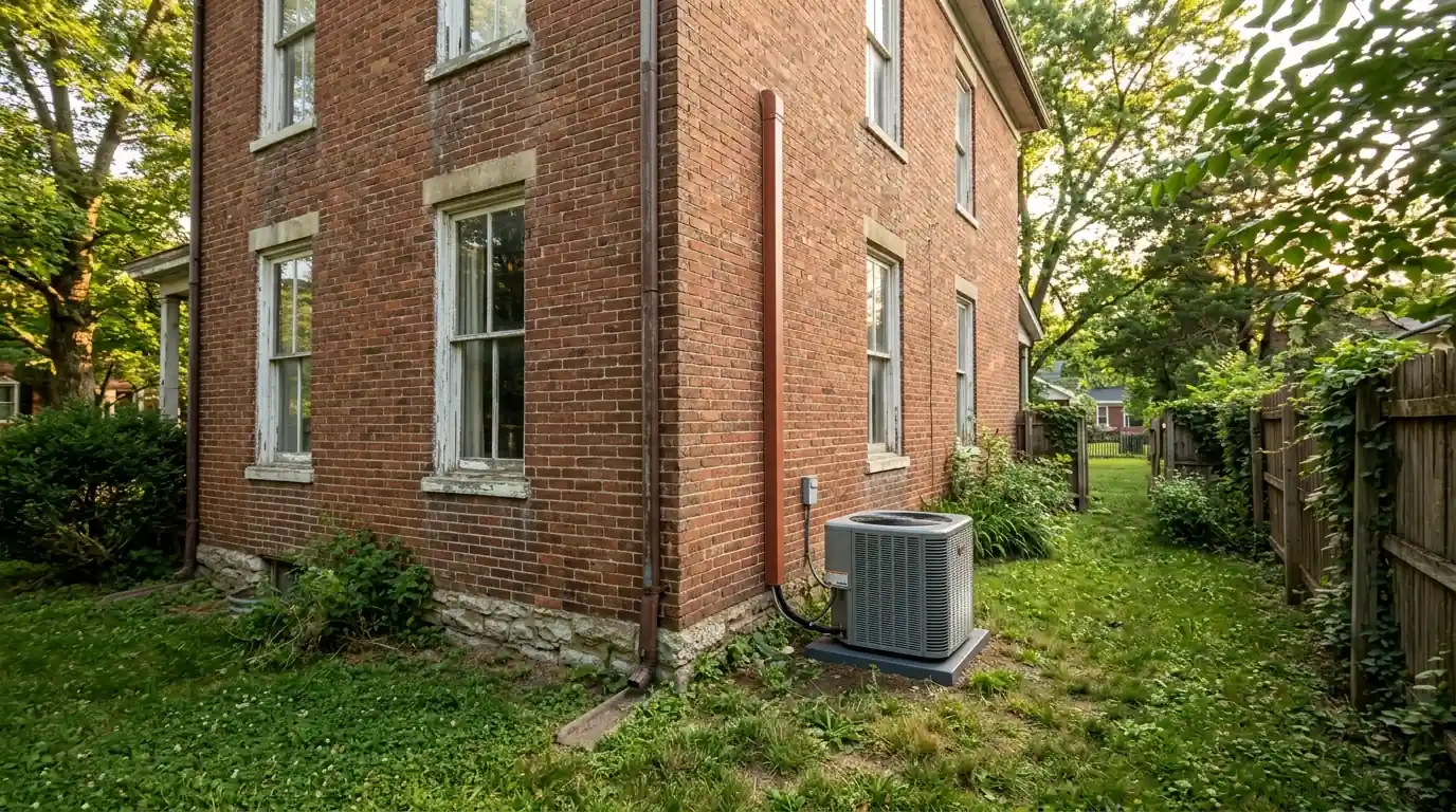 New outdoor AC unit beside an older brick house in a small town