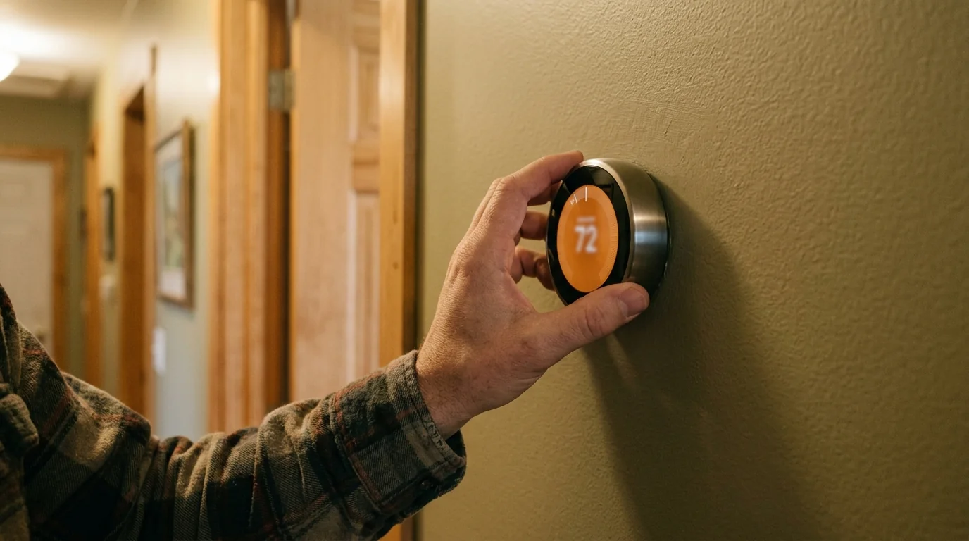 Adjusting a smart thermostat on a hallway wall