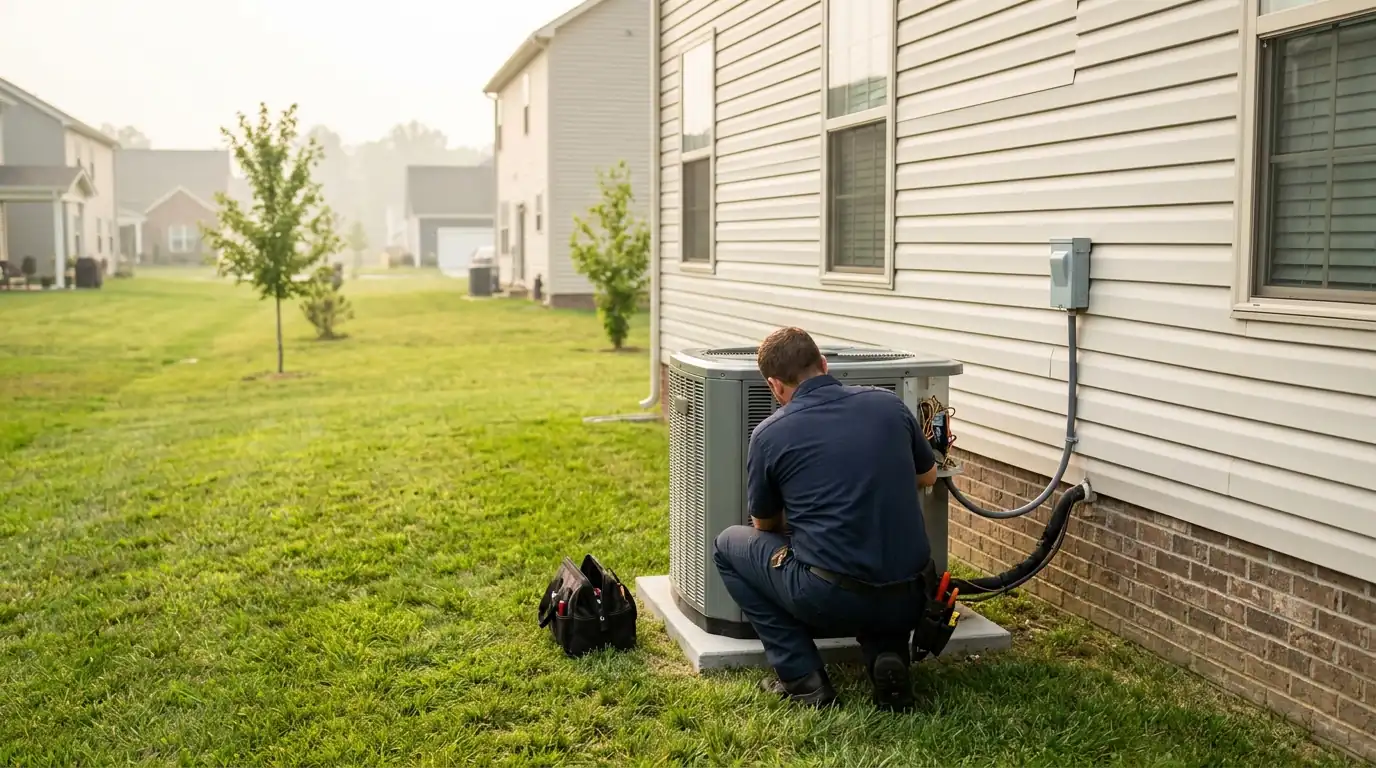 Technician servicing a heat pump behind a newer suburban home