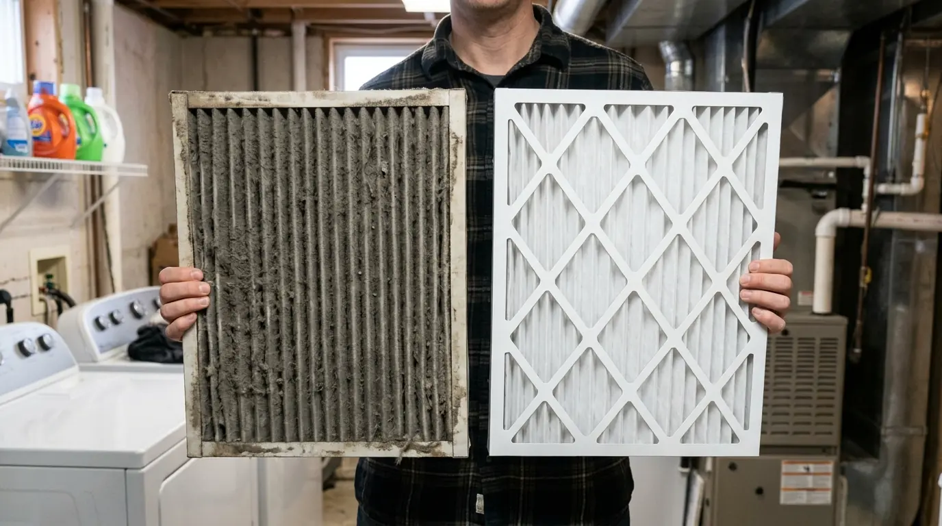 Dirty furnace filter next to a clean new one