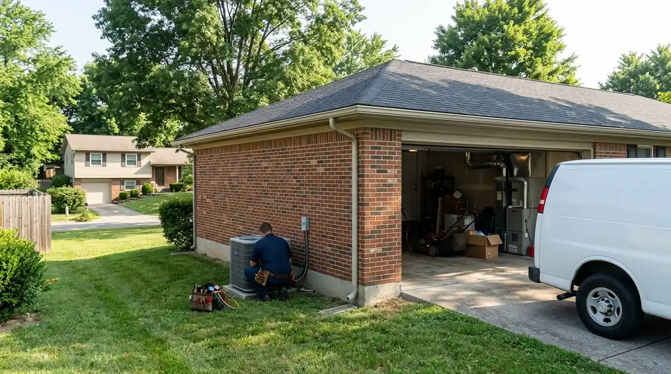 Brick slab ranch in Palomar with a garage furnace and side-yard condenser