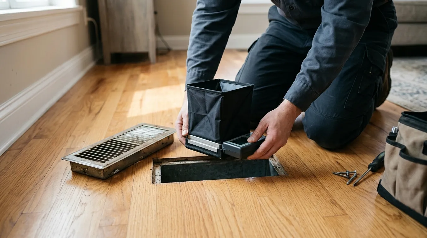 Measuring airflow at a floor register with a hood meter