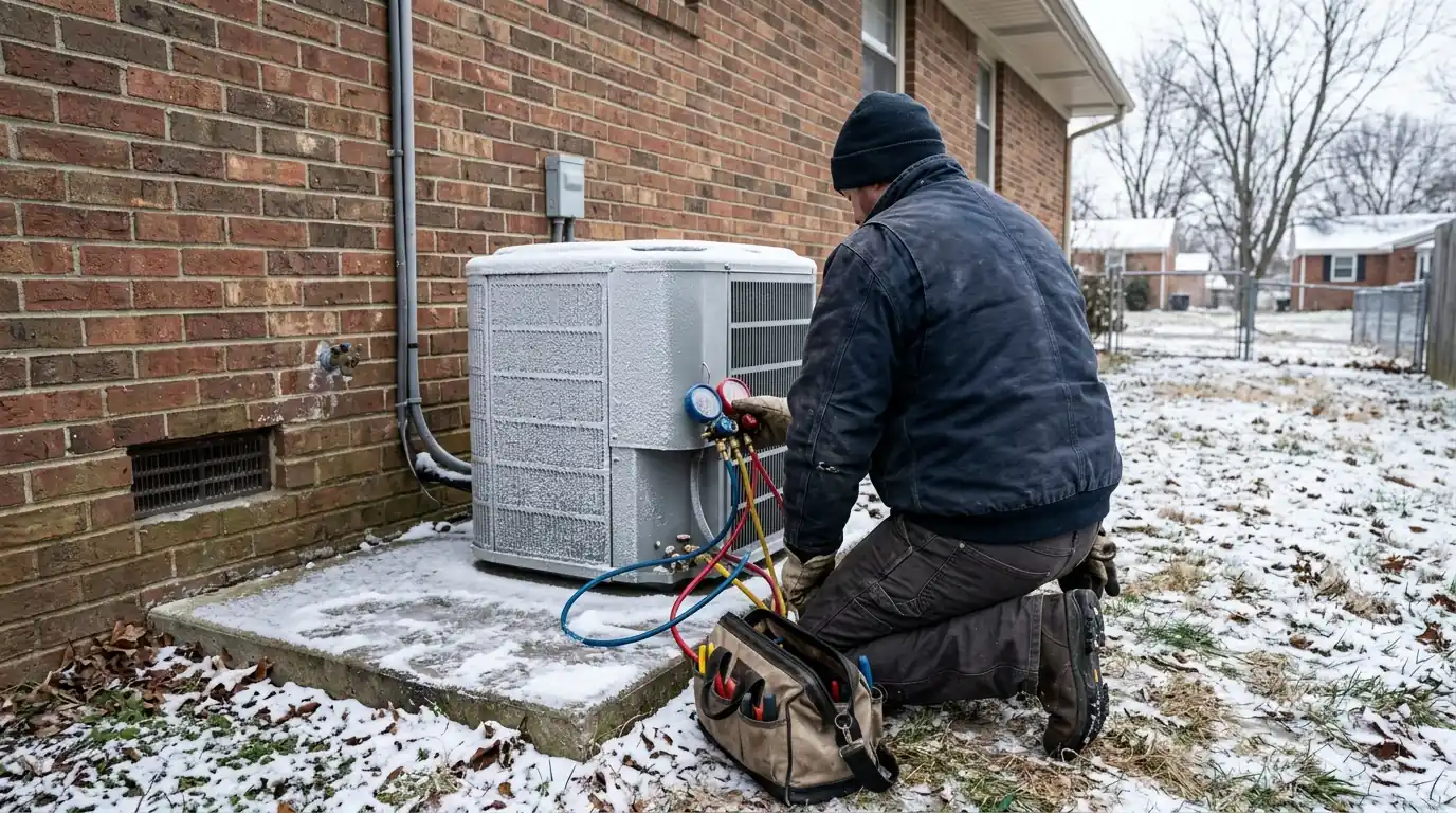 Technician testing a frosted outdoor heat pump beside a brick ranch home