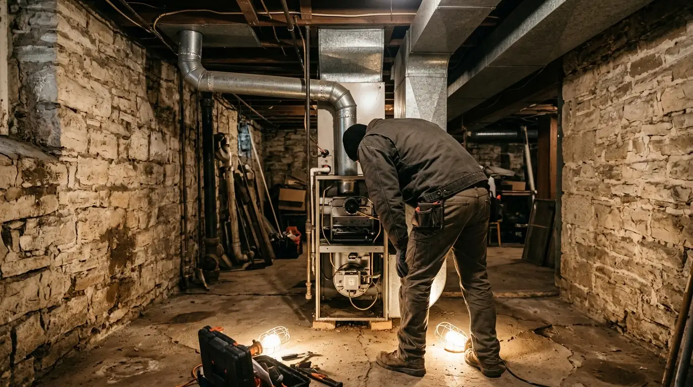Technician inspecting a gas furnace in an older limestone basement