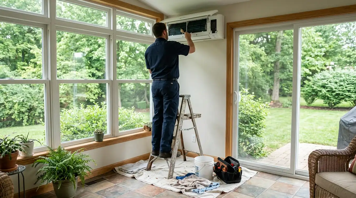 Technician servicing a ductless mini split head in a sunroom