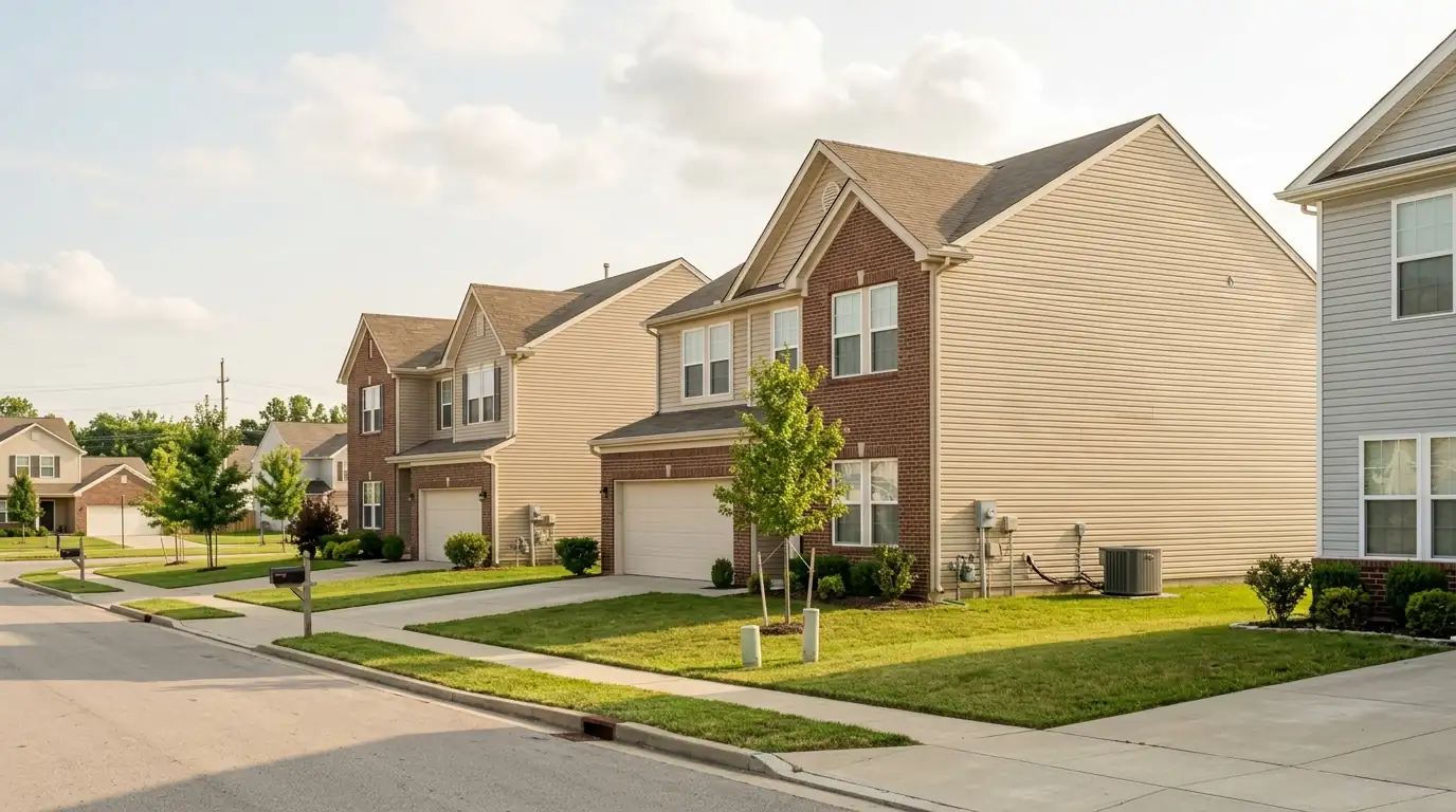 Newer neighborhood homes with outdoor heat pumps