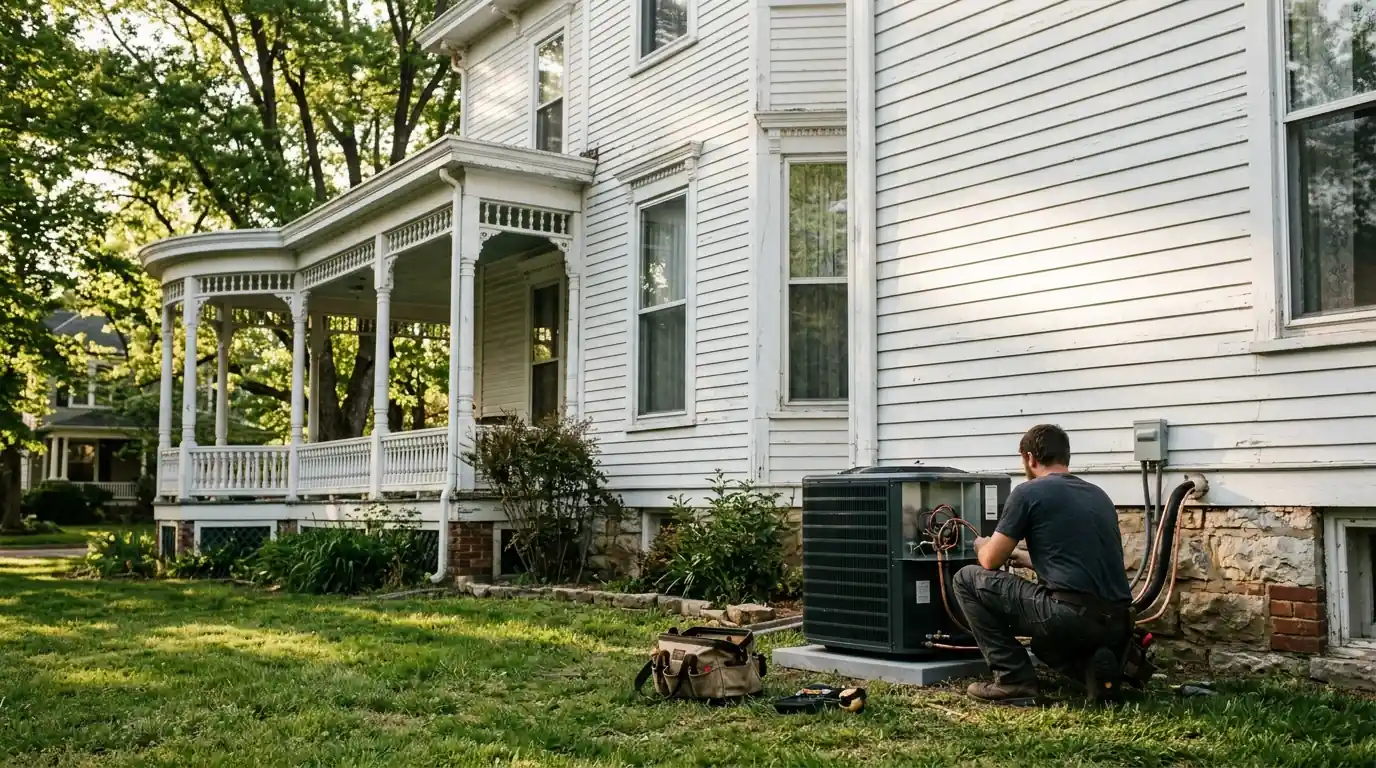 Installer connecting a new condenser beside a historic Queen Anne house
