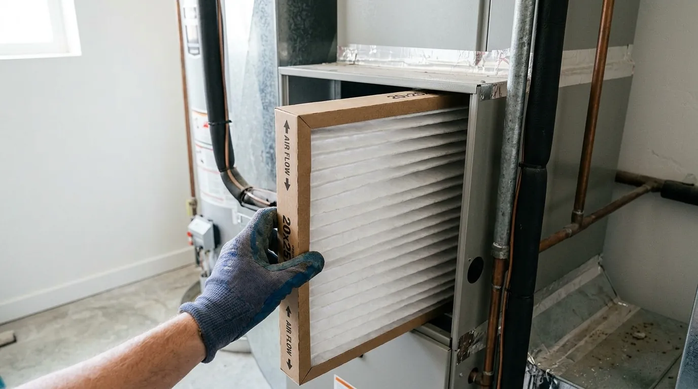 Pleated media filter sliding into a furnace filter cabinet