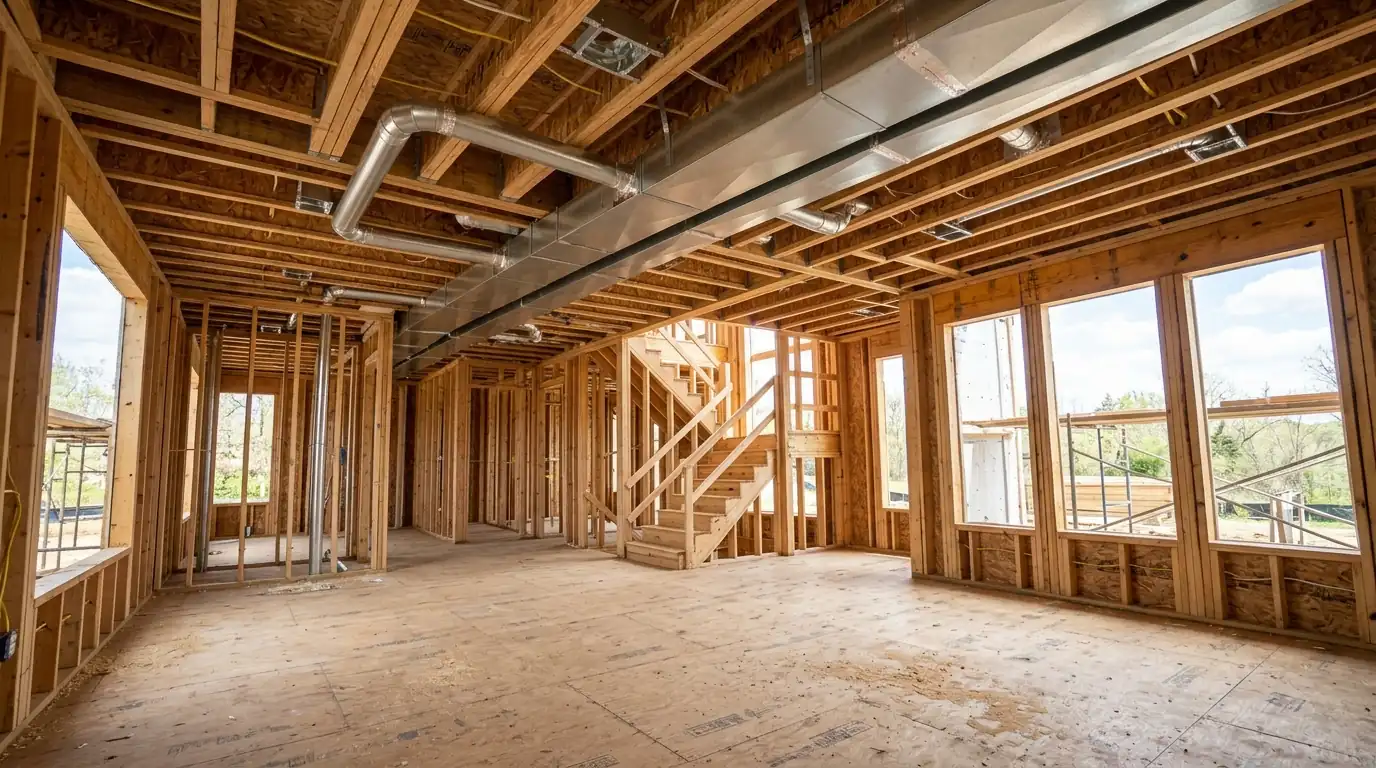 Ductwork rough-in between joists in a new home under construction