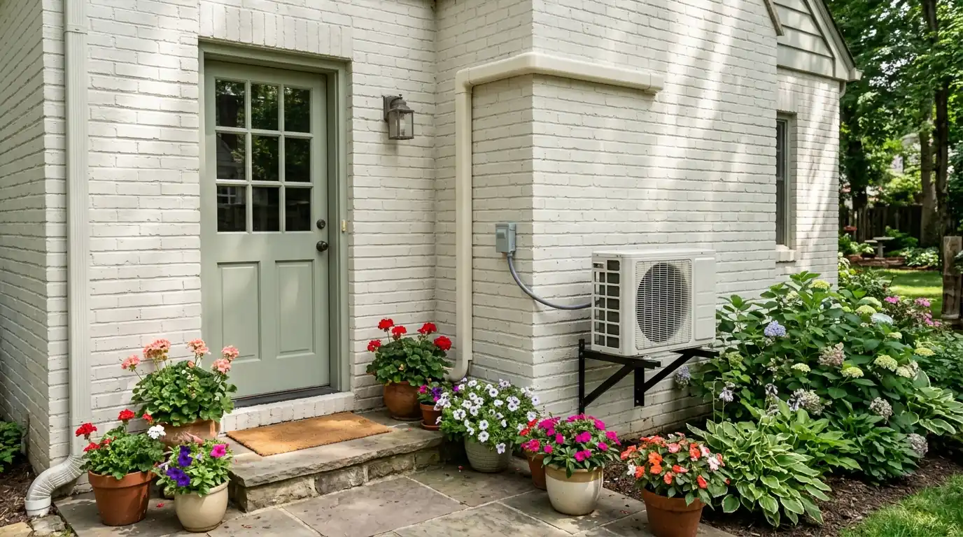 Compact mini split outdoor unit on a wall bracket