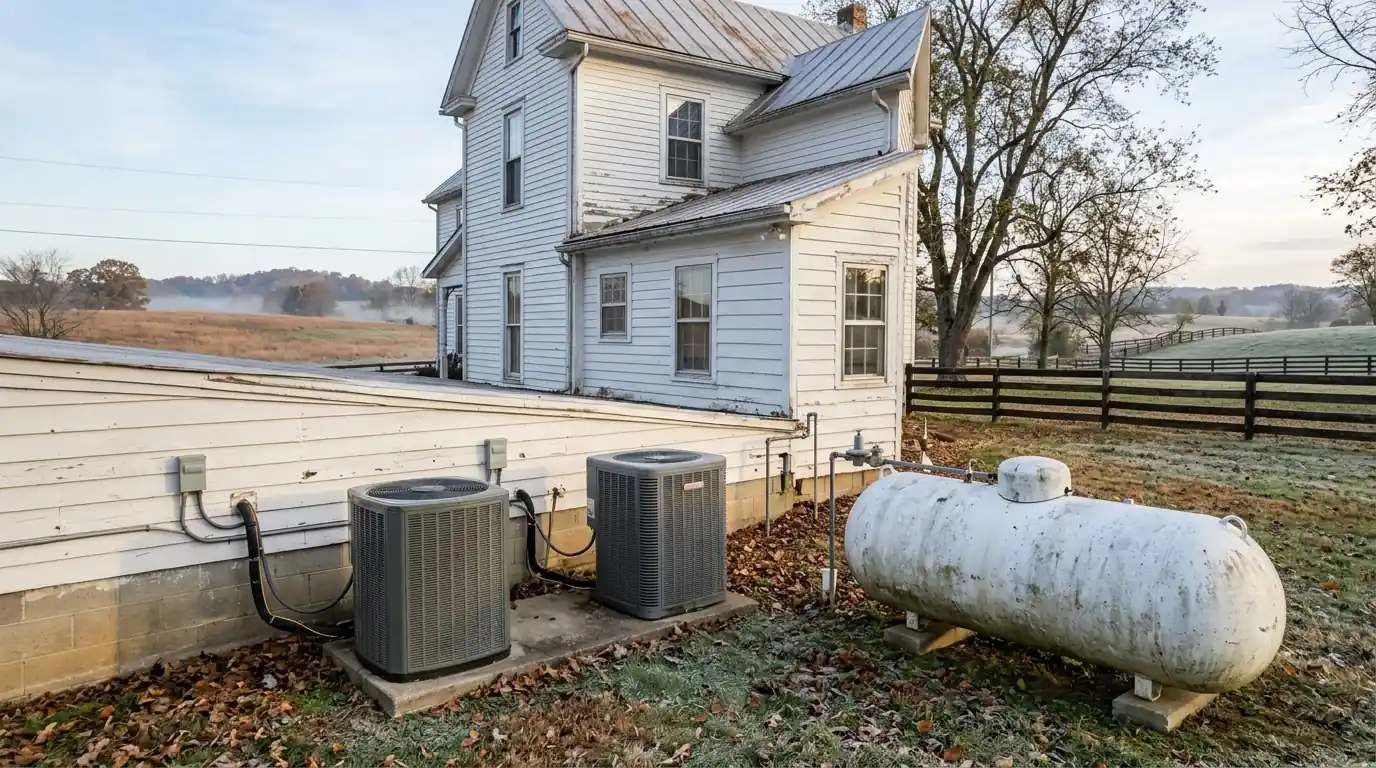 Heat pump and propane tank beside a rural Kentucky farmhouse in frost