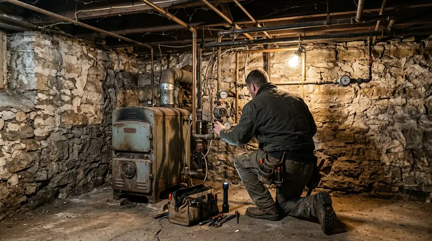 Technician checking a circulator pump on a cast iron boiler