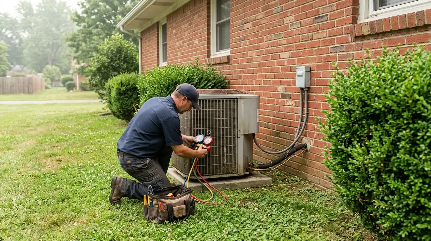 Technician checking an outdoor air conditioner beside a brick ranch