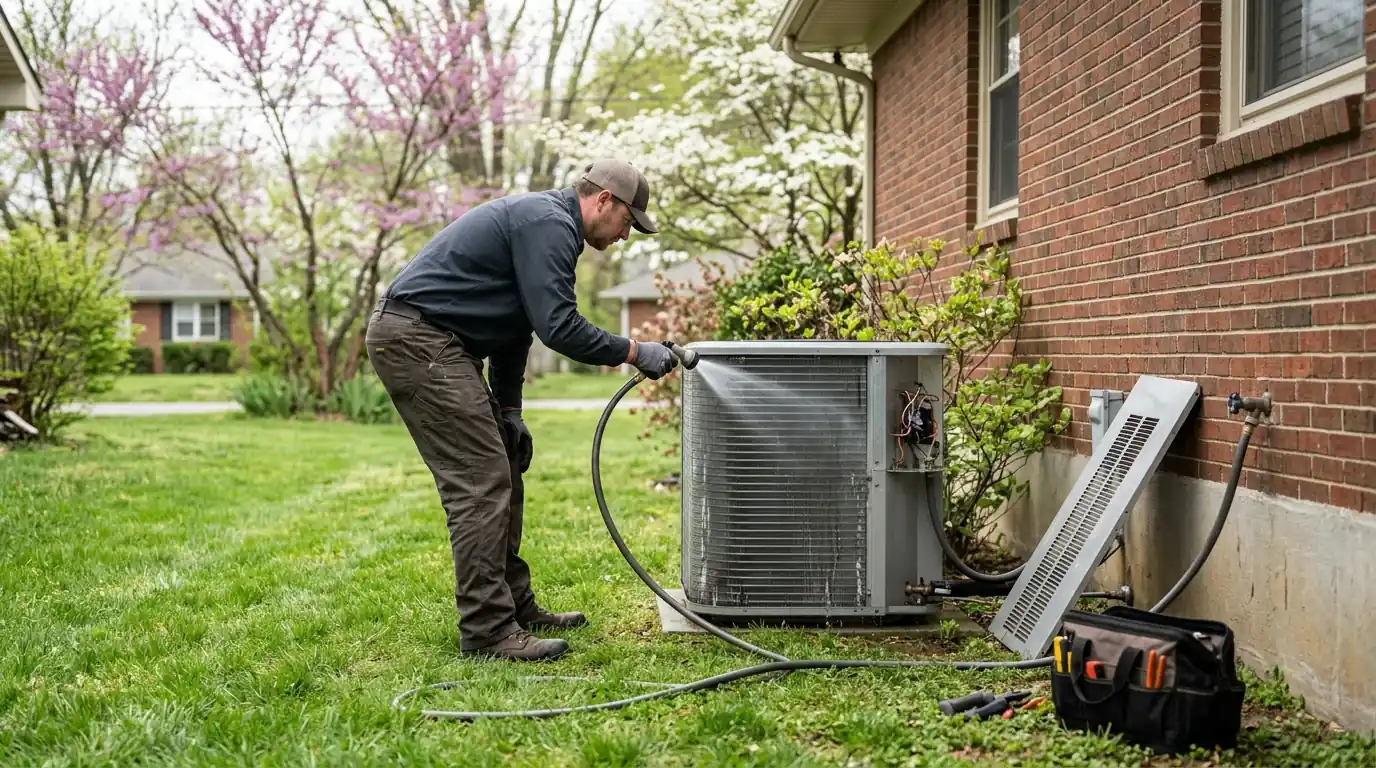 Technician cleaning an outdoor AC coil during a spring tune-up