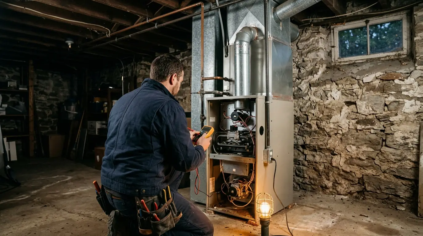 Technician testing a gas furnace in an older basement