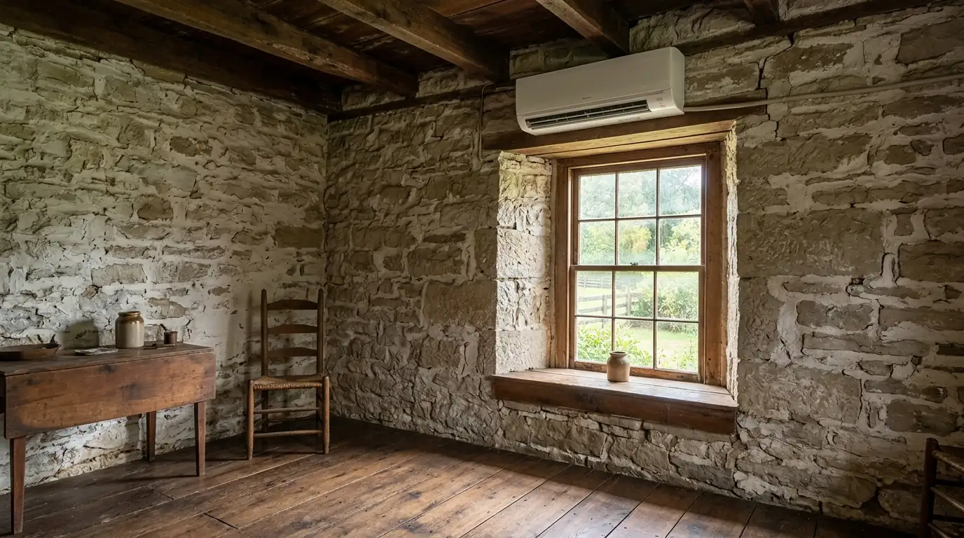 Ductless wall unit inside a thick-walled stone farmhouse room