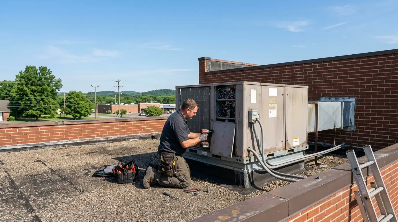 Technician opening a rooftop unit on a small commercial building