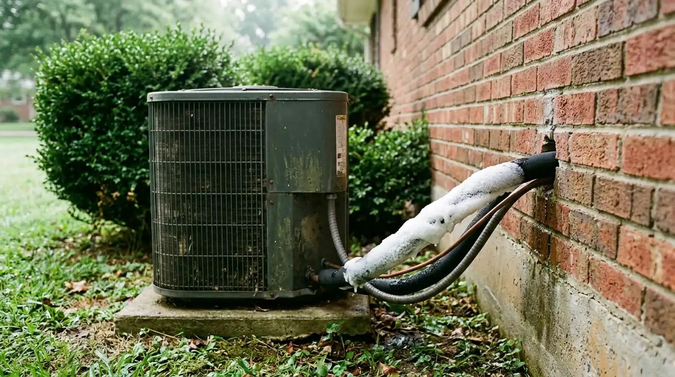 Frost covering the copper refrigerant line at an outdoor air conditioner