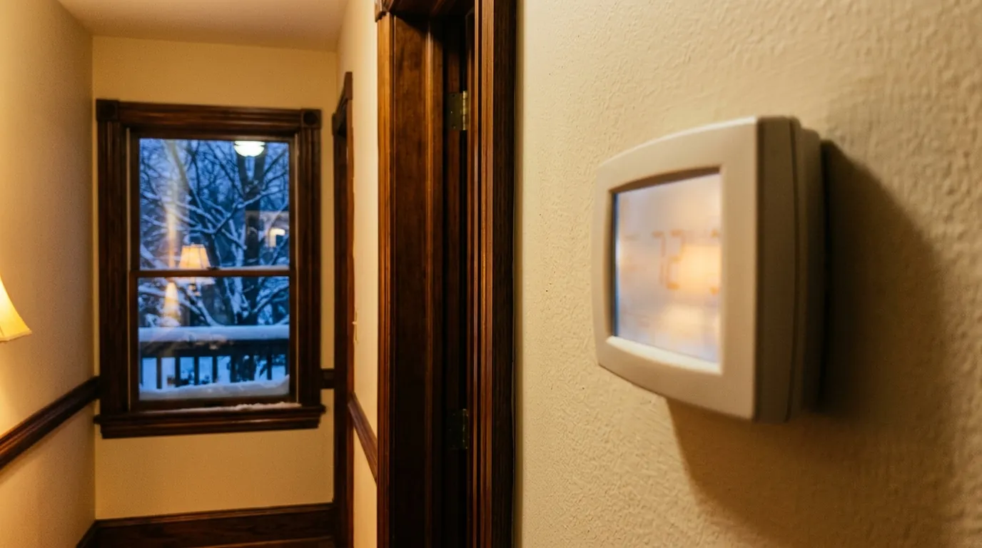 Hallway thermostat in a Kentucky home on a snowy winter evening