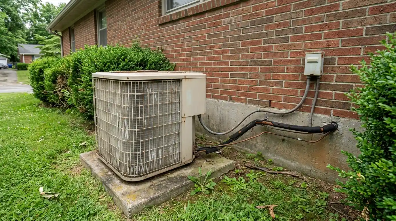 Older outdoor air conditioner beside a brick ranch house in Kentucky