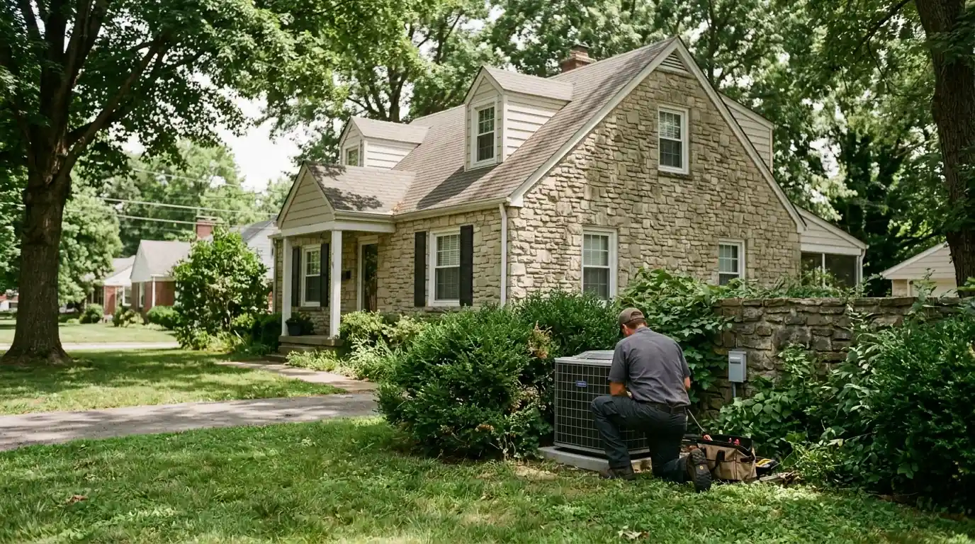 Technician checking an air conditioner beside a stone Cape Cod house