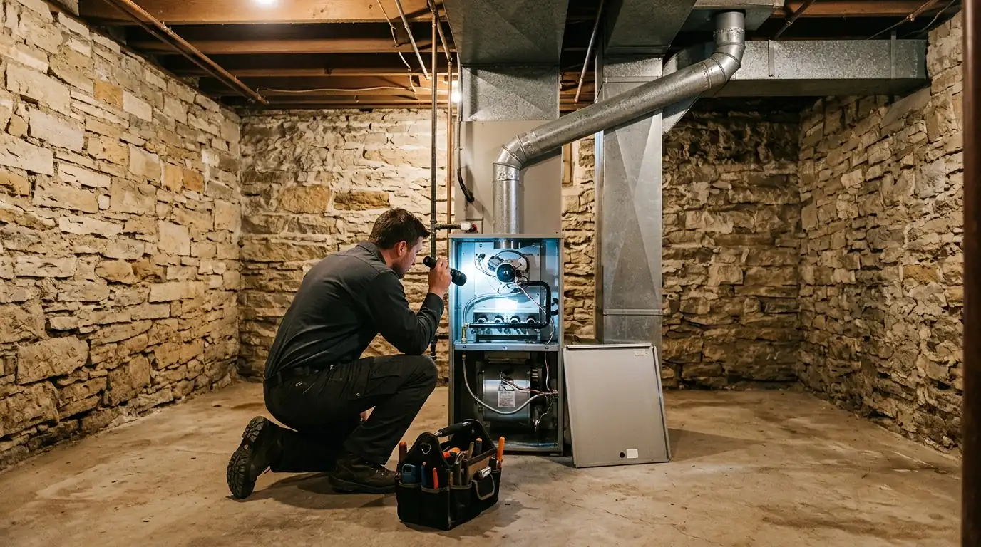 Technician inspecting a gas furnace in a limestone basement