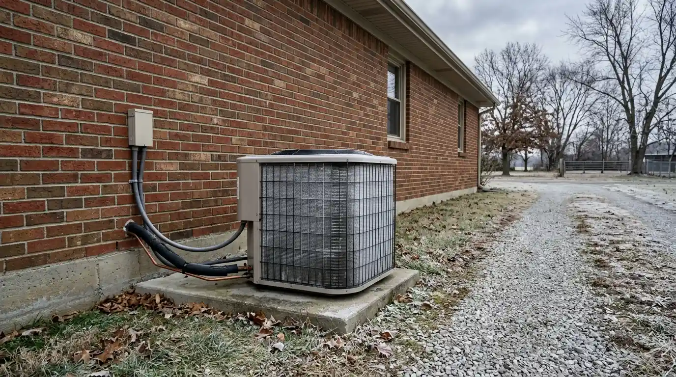 Frosted heat pump beside a brick ranch house on a winter morning